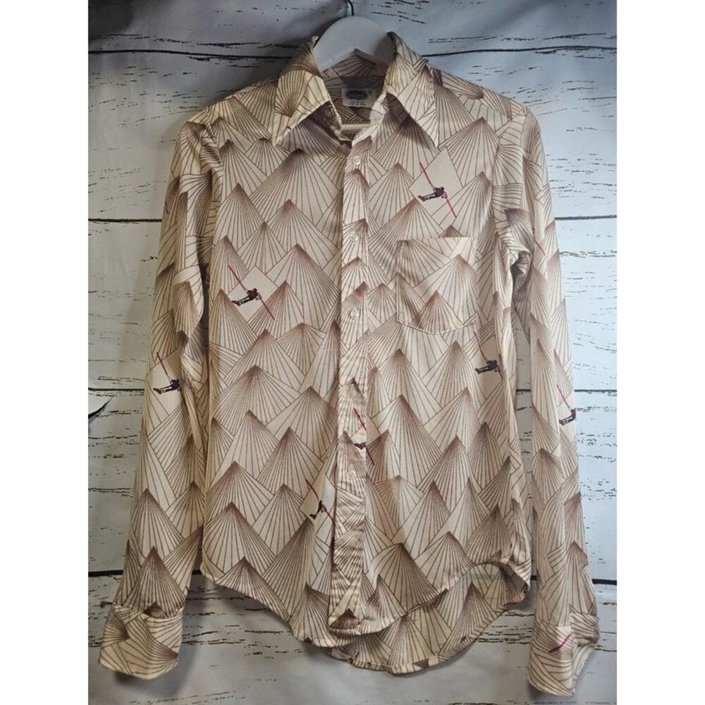 Vintage 70s Mohawk Ski Skier Mountain Novelty Print Nylon Shirt